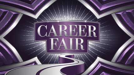 Luxurious career fair poster with metallic silver typography, a winding purple pathway, and radiant light beams on a textured purple background, exuding elegance and sophistication for event promotion