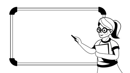 Woman teacher standing by the whiteboard in the classroom, writing on the school board Illustration, black outline and cartoon style 