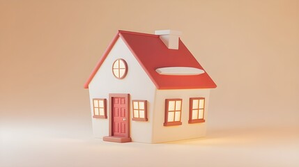 D Cartoon House with Red Roof and Windows