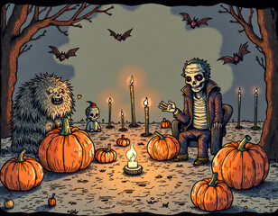 ハロウィンモンスター大集合背景画像 ジャックオランタン キモカワ  Halloween Monster Large Group Background Image Jack-o'-Lantern Creepy