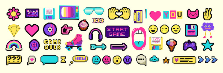 Retro set of icons of 90s. Pop art sticker collection for 1990 born baby. Badge for hipsters with sunglasses, boombox and roller, cassette. Vintage isolated element.