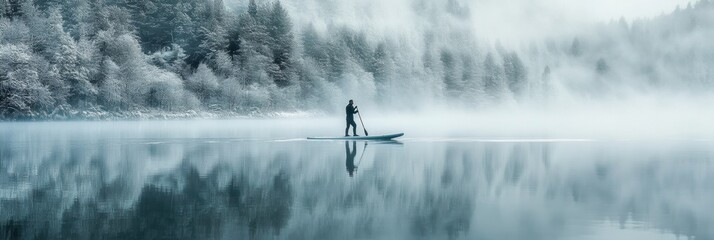 A man doing paddleboarding in still lake water in winter with snow woods