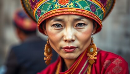  woman wearing a colorful hat and a red dress.