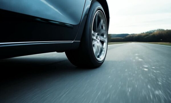 In focus, the front wheel of the wheel as it rotates while the car is moving. Generative AI