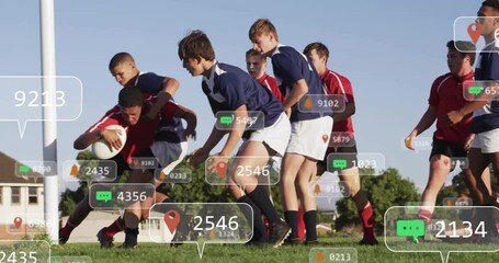 Animation of social media icons with growing numbers over diverse male rugby players - Powered by Adobe