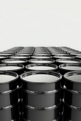 Rows of black oil barrels in warehouse