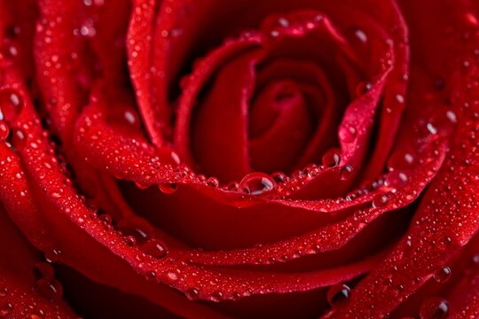 Close-up view of a vibrant red rose displaying delicate petals adorned with shimmering dew drops, evoking beauty and romance.