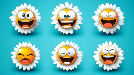 Set of groovy chamomile flowers with funny faces. Daisy wheel cartoon character emotional stickers. Retro cartoon modern illustration.