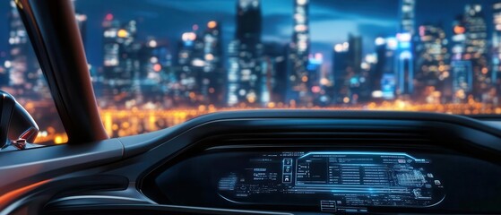 Obraz premium Futuristic car dashboard, holographic controls, neonlit cityscape, sleek design