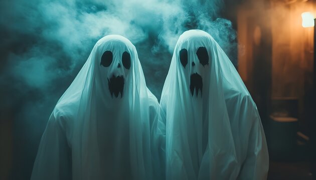 Ghostly Couple s Joyful Laughter Defies the Veil of Halloween s Enchanting Gloom   Two figures dressed as ghosts sharing a moment of levity and love amidst the dimly lit