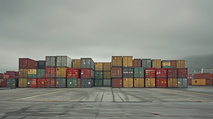 Rows of containers of various colors neatly stacked on the port site under an overcast sky. Dim lighting and a gray background make this industrial space feel private and functional.