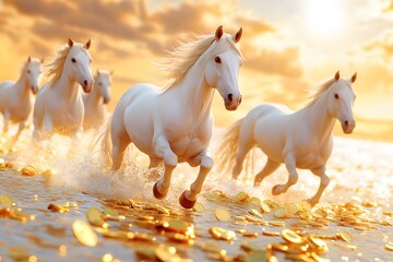 Obraz premium A group of horses galloping in the sea, golden liquid flowing on top of them, golden light shining on their bodies, surrounded by gold coins and jewelry