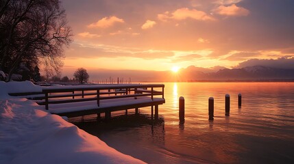 Obraz premium Golden Sunset Over Snowy Lake and Mountain