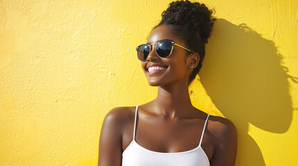 A joyful young woman with sunglasses, smiling happily while standing against a bold yellow wall, radiating positivity on a bright summer day. photo