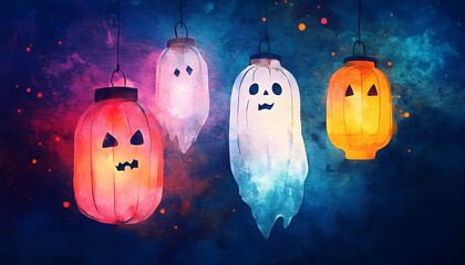 Ghostly Halloween lanterns shaped like floating spirits hanging at a Chinese festival in a flat design top view  The eerie theme is rendered in a watercolor split complementary color scheme