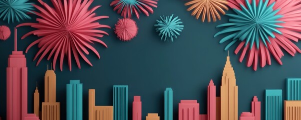 Obraz premium New Year's Eve fireworks, iconic skyline backdrop, 3D clay render, illustration