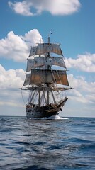 A majestic three-masted sailing ship glides across calm waters under a vibrant blue sky, its billowing sails and wooden structure exuding maritime adventure and history.