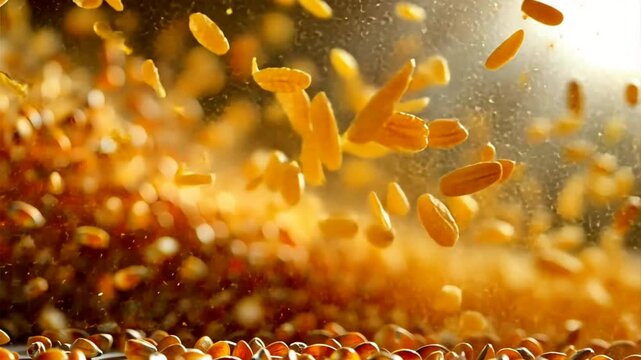 Golden Grain Shower: A mesmerizing close-up of golden grain falling through the air, bathed in warm sunlight, captures the essence of harvest, abundance, and the cycle of life.  