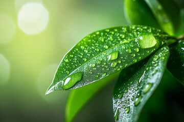 Dew on the green natural leaves and blurred background