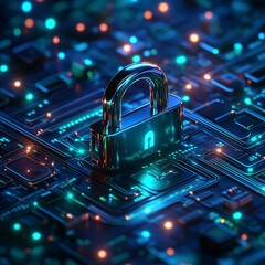 Cybersecurity Digital Lock on Futuristic Circuitry, 3D security, metallic lock, glowing lock, digital protection, futuristic circuitry, data encryption, network security, digital defense