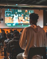 Fototapeta premium A diverse audience watches a basketball game on a large screen, showcasing excitement and engagement in a vibrant setting.