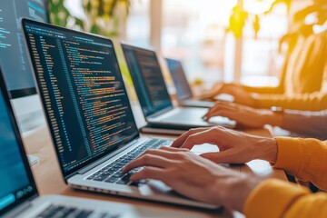 Collaborative coding session with multiple laptops displaying programming code and hands typing in a bright workspace.