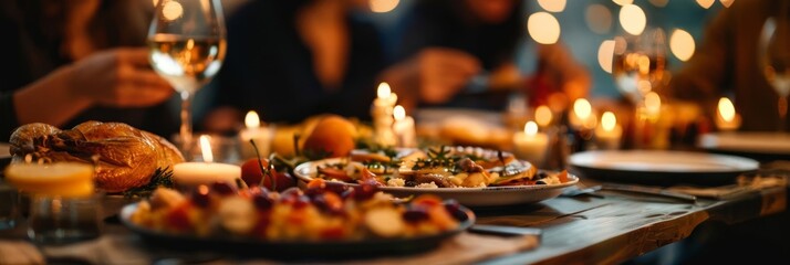 Delicious food on a table with candles and wine glasses.