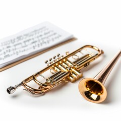 Naklejka premium A golden trumpet and its mouthpiece lay on a sheet of music.