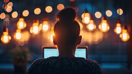Silhouette of a woman working on a laptop at night with string lights in the background.