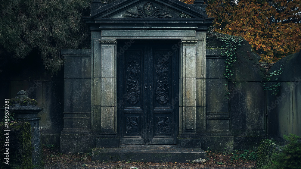 Wall mural a cemetery gate with a black door and a stone wall