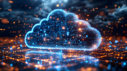 A digital cloud symbolizing data storage and connectivity with glowing elements.