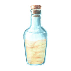 Sand in Glass bottle with cork. Transparent vessel with yellow sea salt. Hand drawn watercolor illustration isolated. Utensil with sauce or mustard. Clipart for card, cosmetic wrapping, sticker, menu.