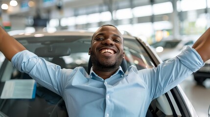Happy man giving thumbs up from car