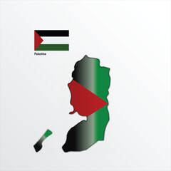 An illustration of the Palestine map with the Palestinian flag overlaid, featuring the black, white, and green stripes with a red triangle along the western side.
