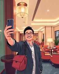 cartoon of a man taking a selfie in a hotel lobby.