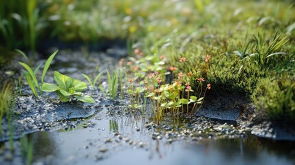 Close-up view of tiny, intricate plants along a nature trail in a bog, set against a natural, realistic background full of lush details
