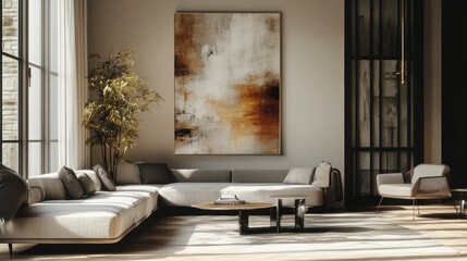 Elegant living room interior with a luxury canvas on the wall, surrounded by modern furniture and a realistic background, Generative AI
