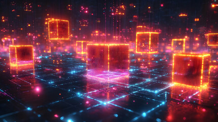 A digital landscape featuring glowing cubes and interconnected lines, symbolizing data and technology.