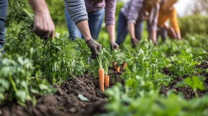 Fototapeta premium A group of farmers harvesting a field of carrots, pulling the vegetables from the rich soil