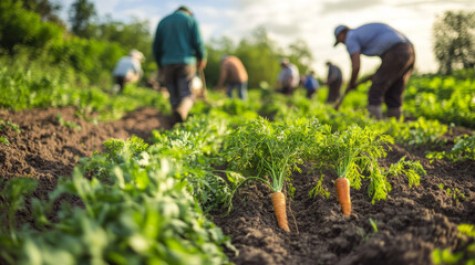 A group of farmers harvesting a field of carrots, pulling the vegetables from the rich soil