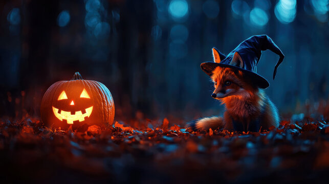 Fox in a witch s hat sitting next to a glowing pumpkin in a dark forest, witch fox, mystical woodland creature