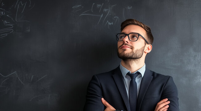 A confident young businessman in a suit stands with arms crossed, gazing thoughtfully, in front of a chalkboard with faint markings.