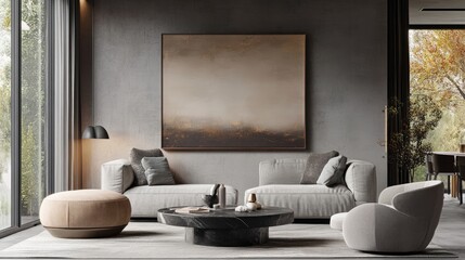 Generative AI of a stylish living room with a luxurious canvas hanging on the wall, set against a sleek, realistic interior design