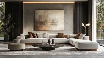 Luxurious modern living room with a statement canvas on the wall, sleek furniture, and a realistic background, Generative AI