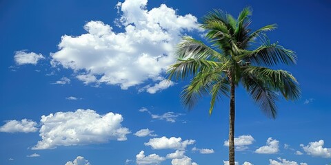Fototapeta premium A solitary palm tree stands tall against a vibrant blue sky filled with fluffy white clouds