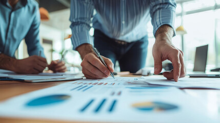 Fototapeta premium Businessmen working together in a modern office, reviewing economic reports and planning recovery measures
