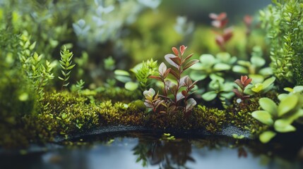 Macro shot of intricate plants on a nature trail in a bog, showcasing their delicate structure against a lush, realistic backdrop