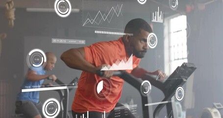 Animation of financial data processing over diverse people using elliptical bikes on gym - Powered by Adobe