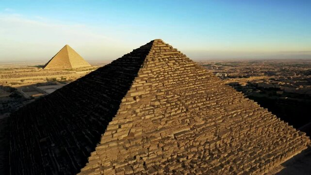 Drone pullout over the pyramids of Giza on a sunny day with clear sky in the background, in Egypt