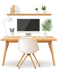 Minimalist home office setup with computer, desk, chair, shelves, and potted plants.